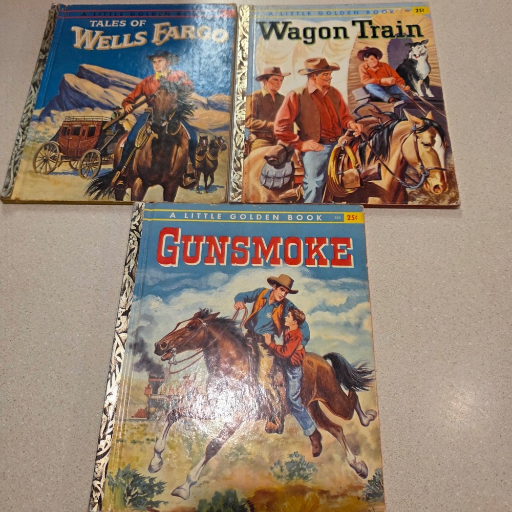 Little Golden Books 1958 Western TV Series, Gunsmoke, Wagon Train, Wells Fargo